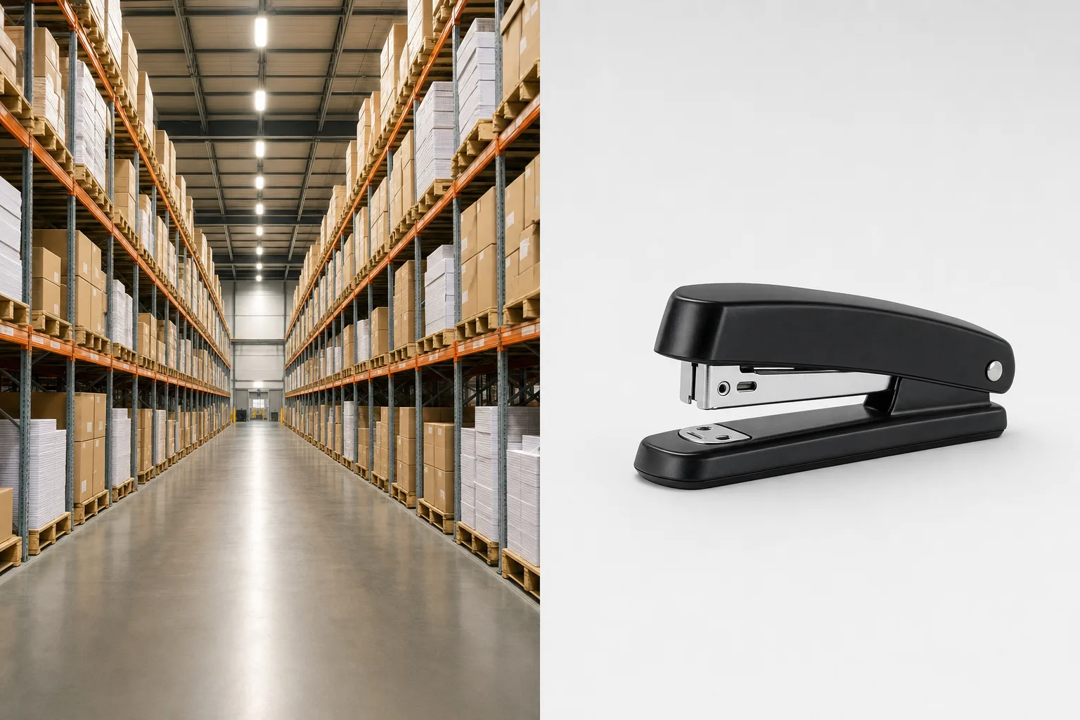 Racking in an office supplies distribution warehouse